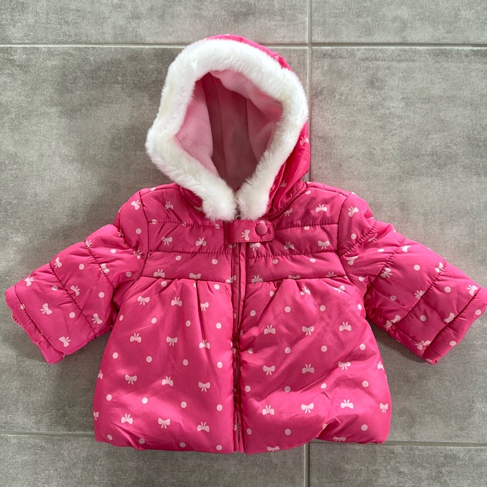*LIKE NEW* Children's Place Pink Print Puffer Coat w/ Faux Fur Trim - Size 3-6M